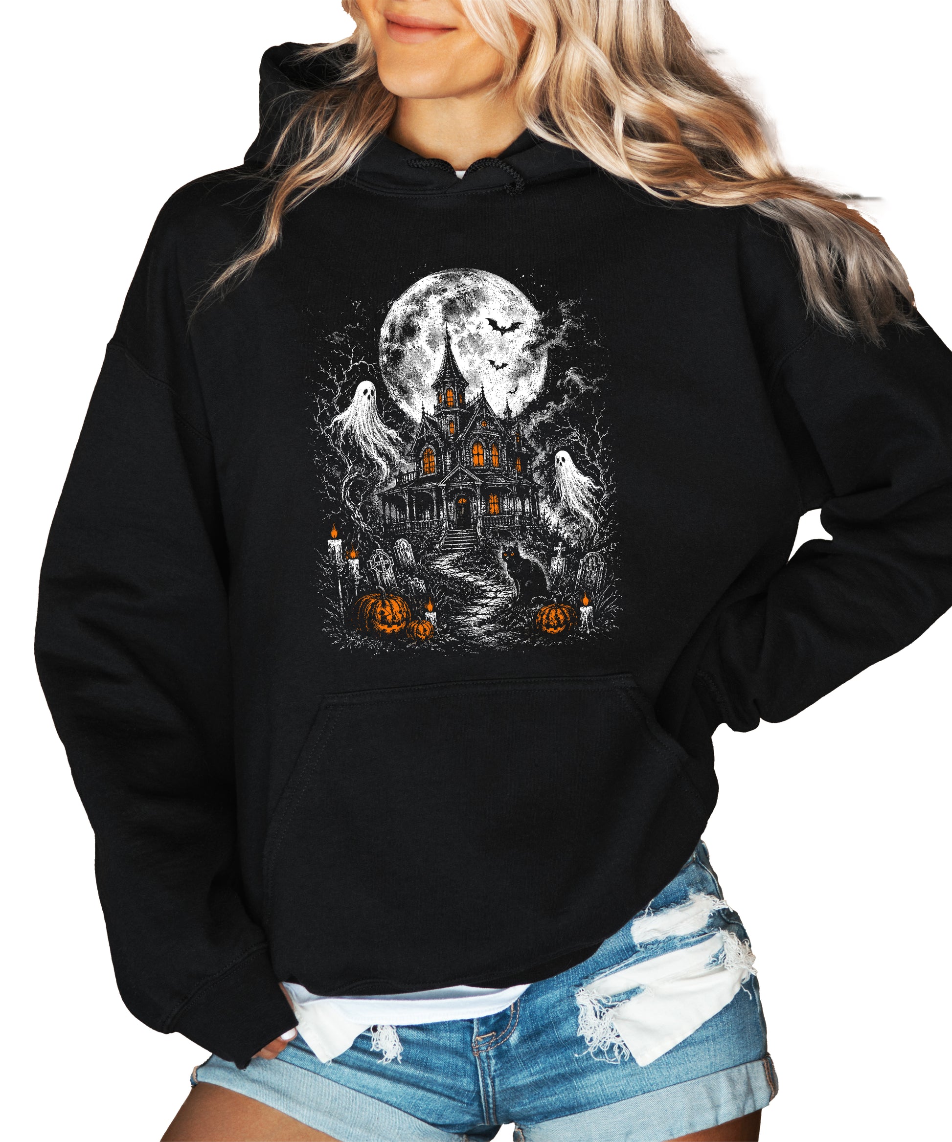 Black haunted house hoodie detail view of ghost and pumpkin graphic print