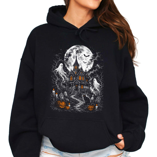 Black Halloween hoodie with haunted house graphic, drawstring hood and kangaroo pocket