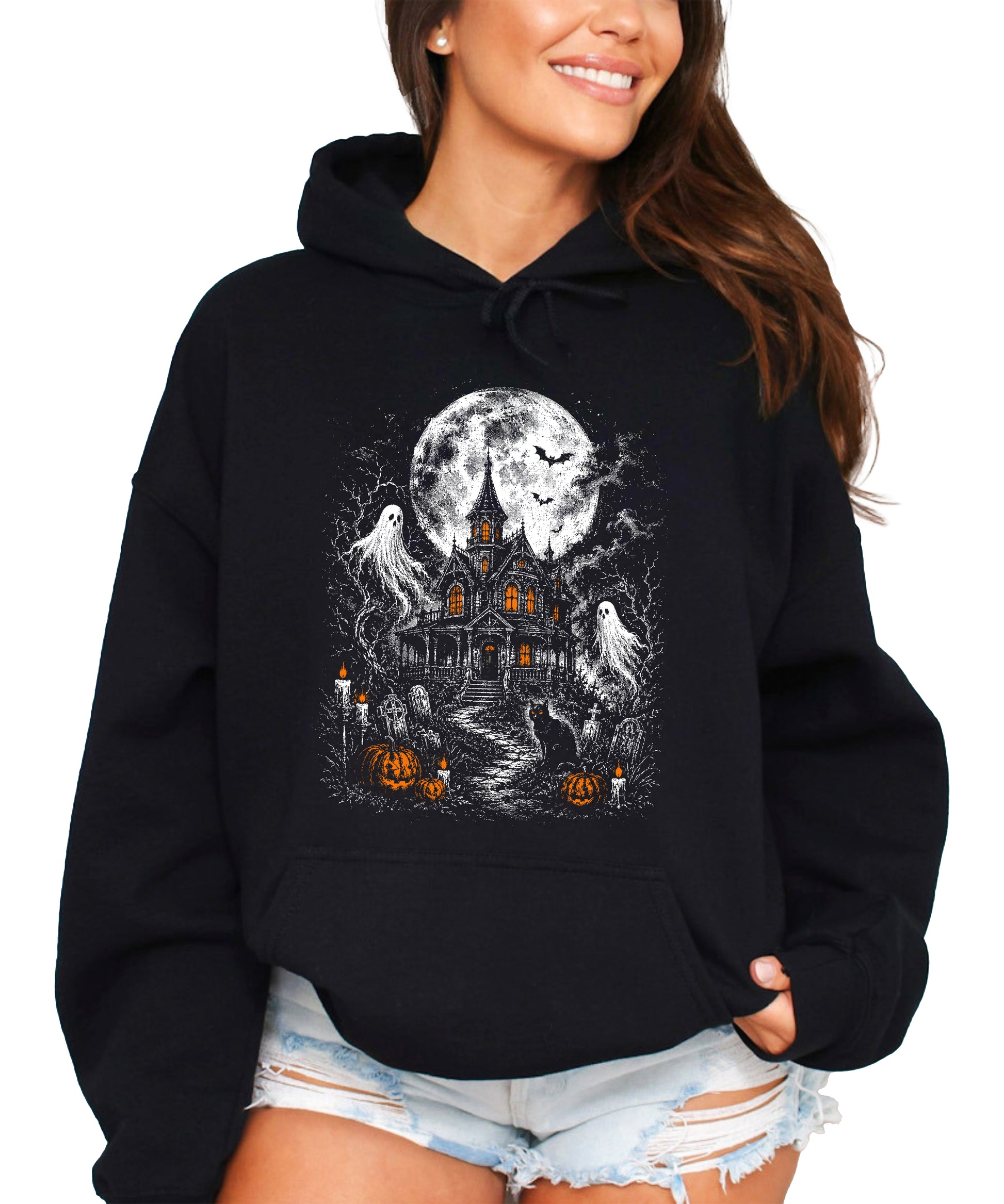 Black Halloween hoodie with haunted house graphic, drawstring hood and kangaroo pocket