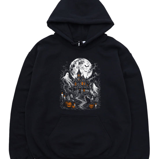 Black haunted house hoodie styled for spooky season, women and teen girls Halloween pullover
