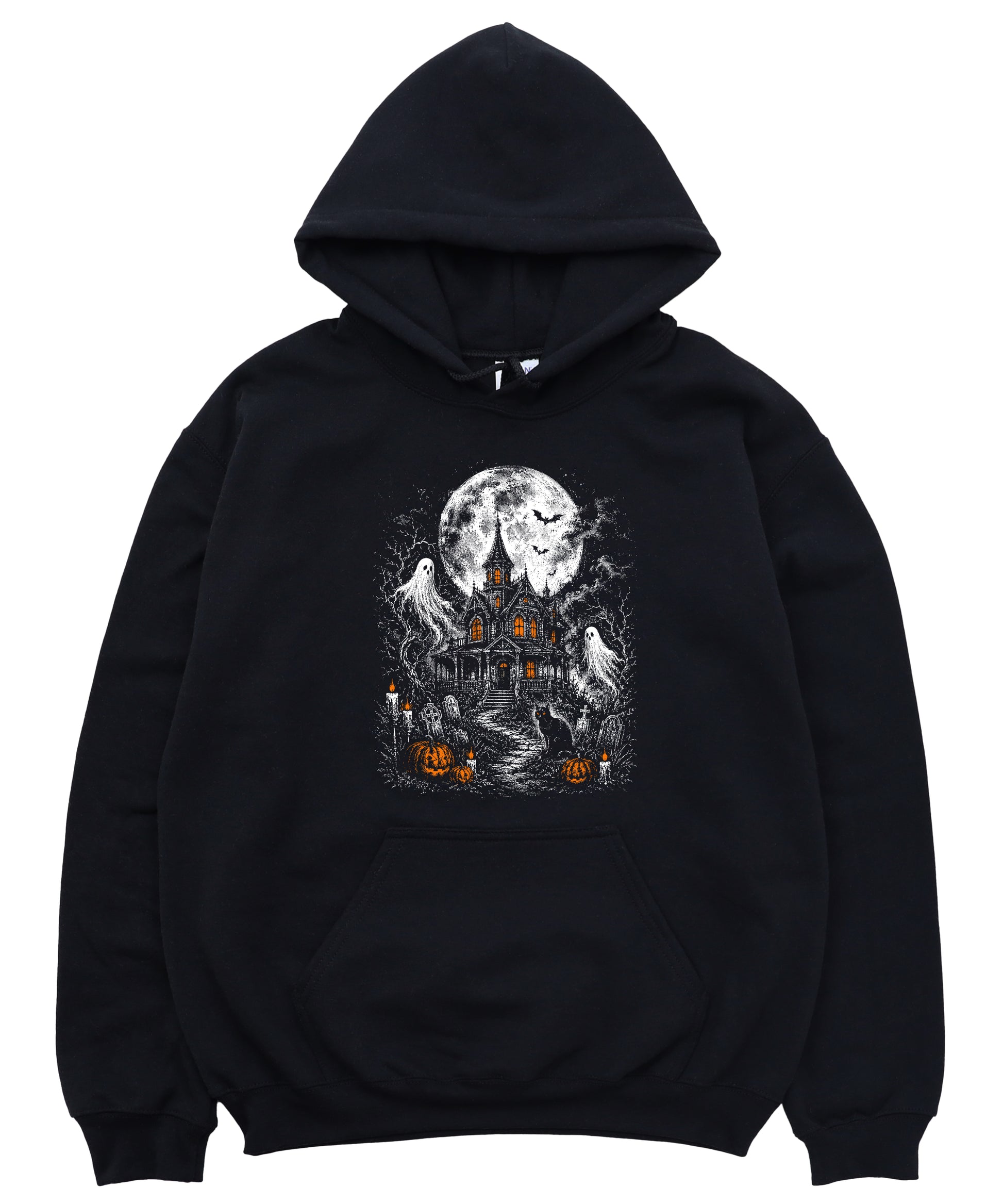 Black haunted house hoodie styled for spooky season, women and teen girls Halloween pullover