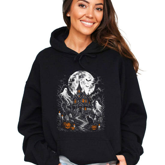 Black Halloween haunted house hoodie flat lay, 7.8 oz cotton polyester fleece