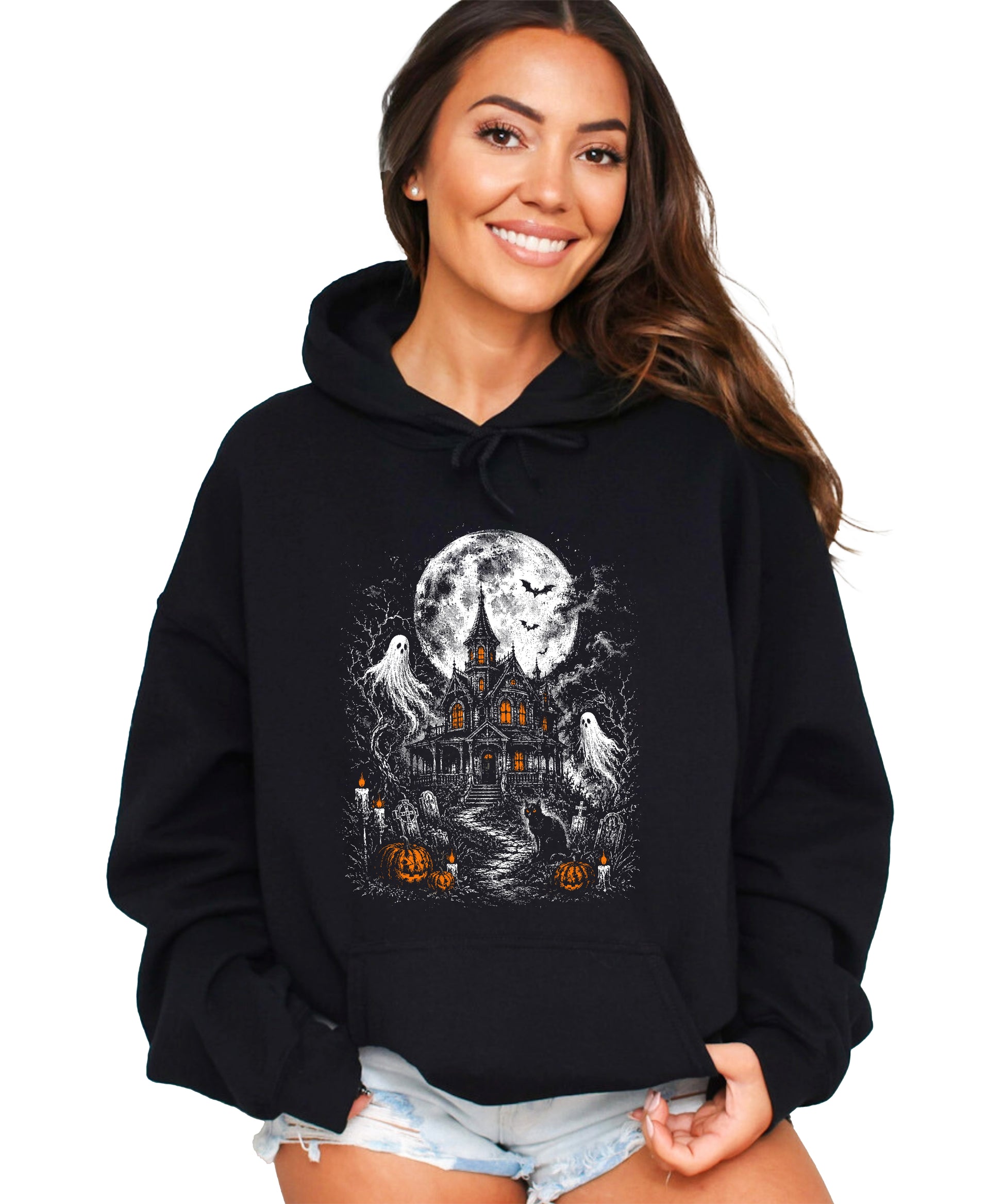 Black Halloween haunted house hoodie flat lay, 7.8 oz cotton polyester fleece