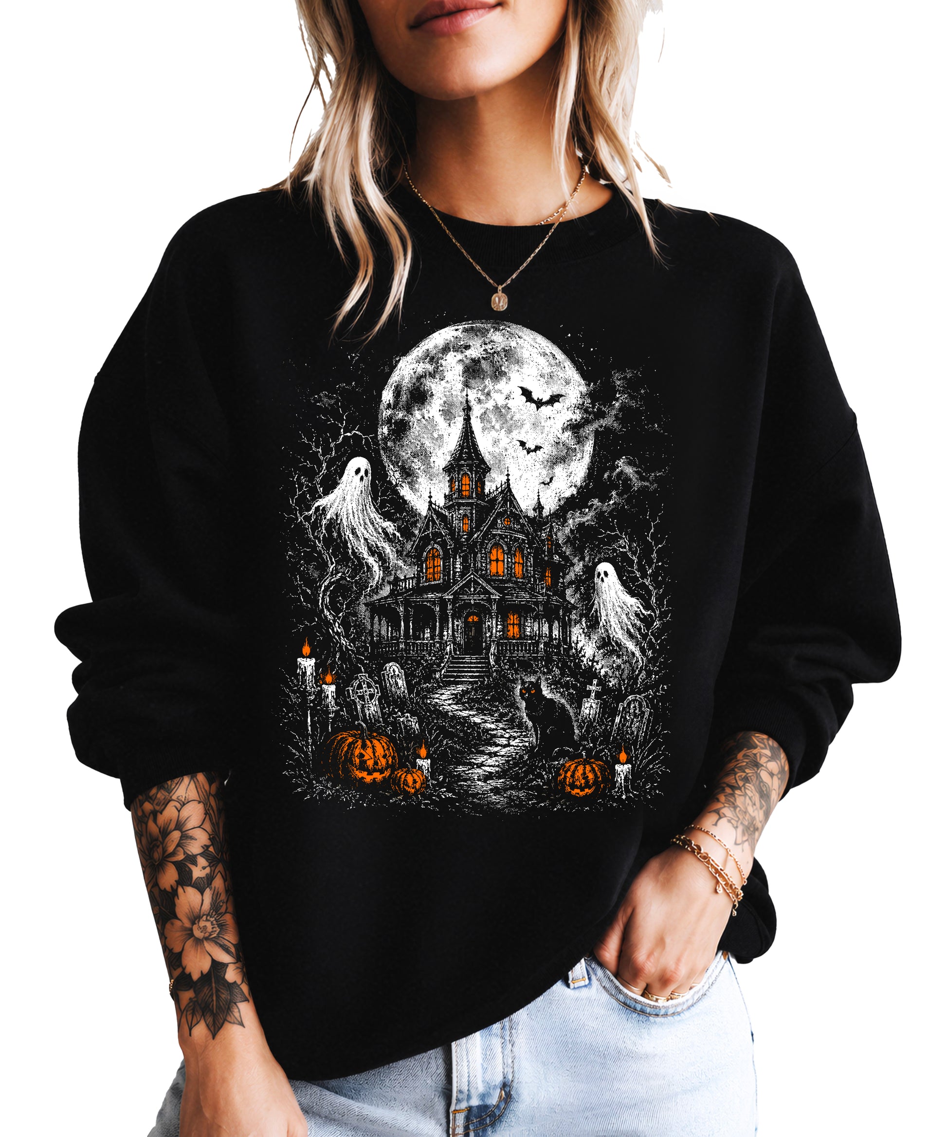 Black crewneck sweatshirt with vintage haunted house, ghosts and jack-o-lantern Halloween graphic, front view