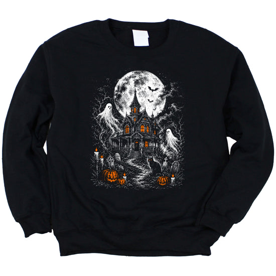 Black Haunted House Halloween sweatshirt for women and teen girls, styled model shot