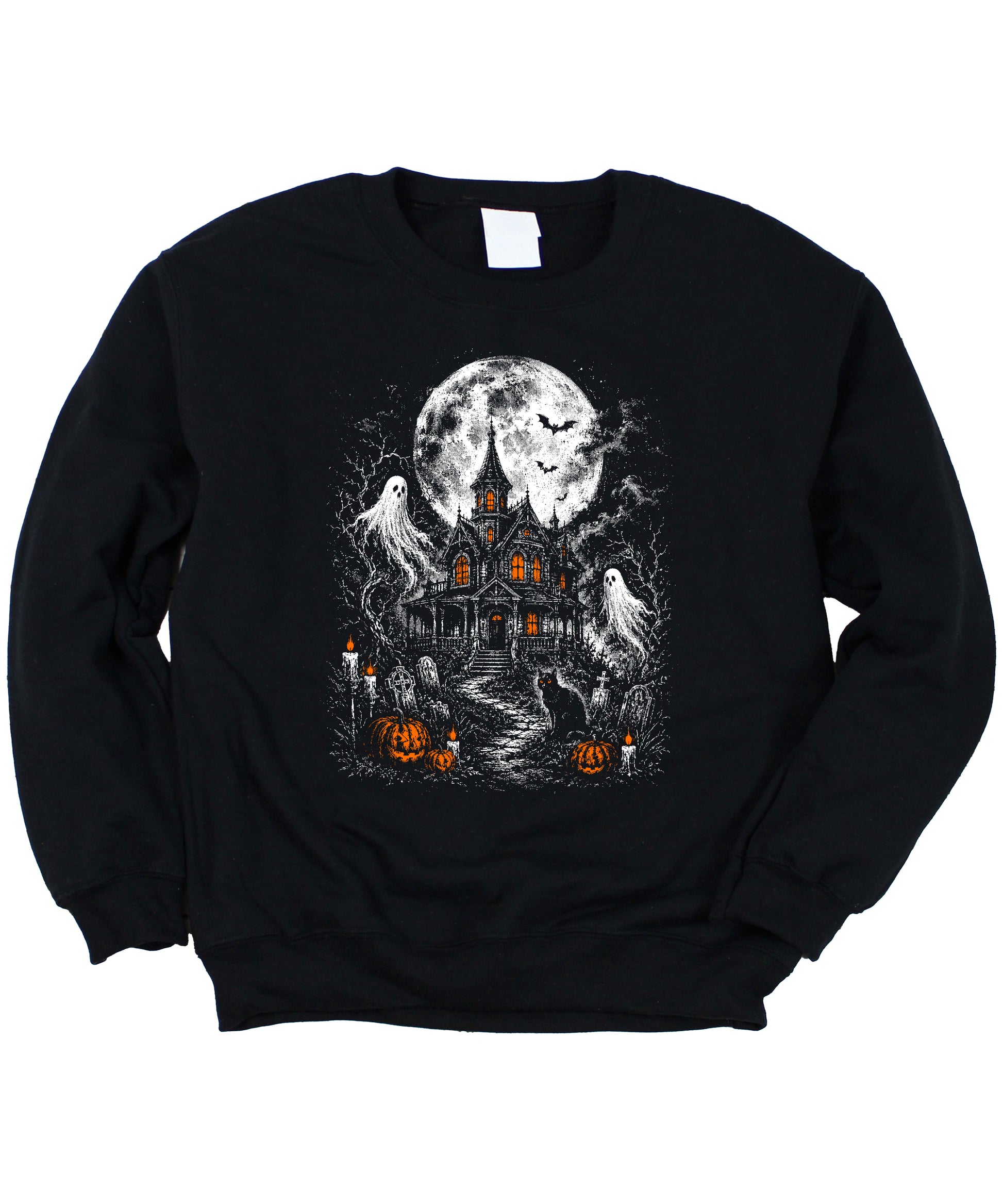 Black Haunted House Halloween sweatshirt for women and teen girls, styled model shot