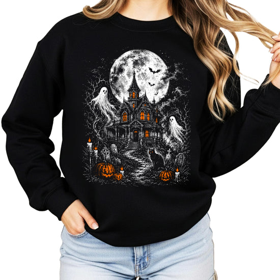 Spooky ghost and pumpkin crewneck sweatshirt in black, alternate view