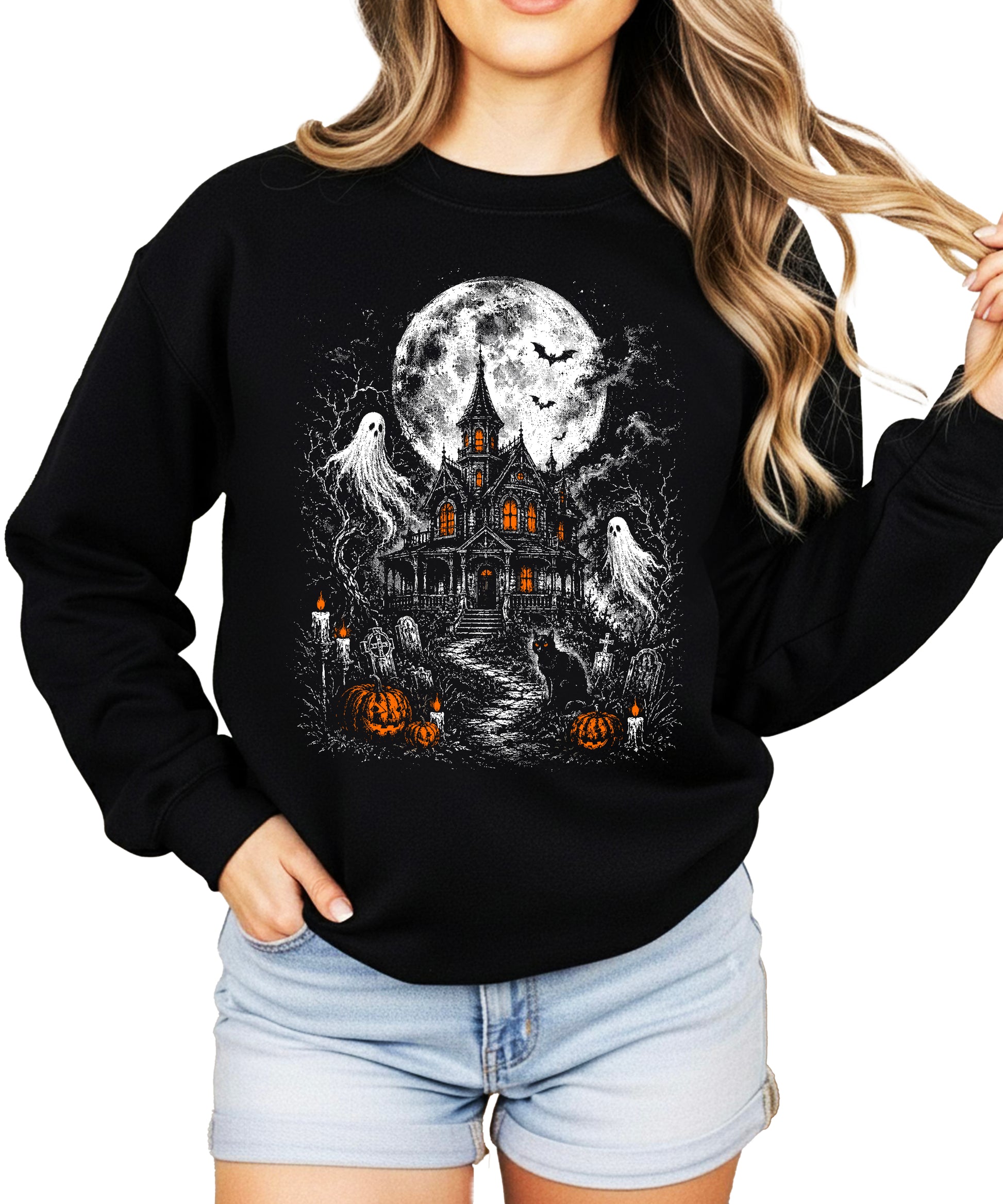 Spooky ghost and pumpkin crewneck sweatshirt in black, alternate view