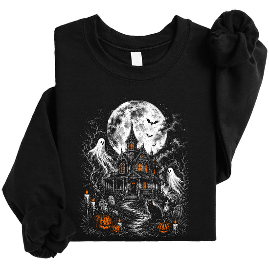 Black Halloween sweatshirt with bats and full moon graveyard graphic, lifestyle shot
