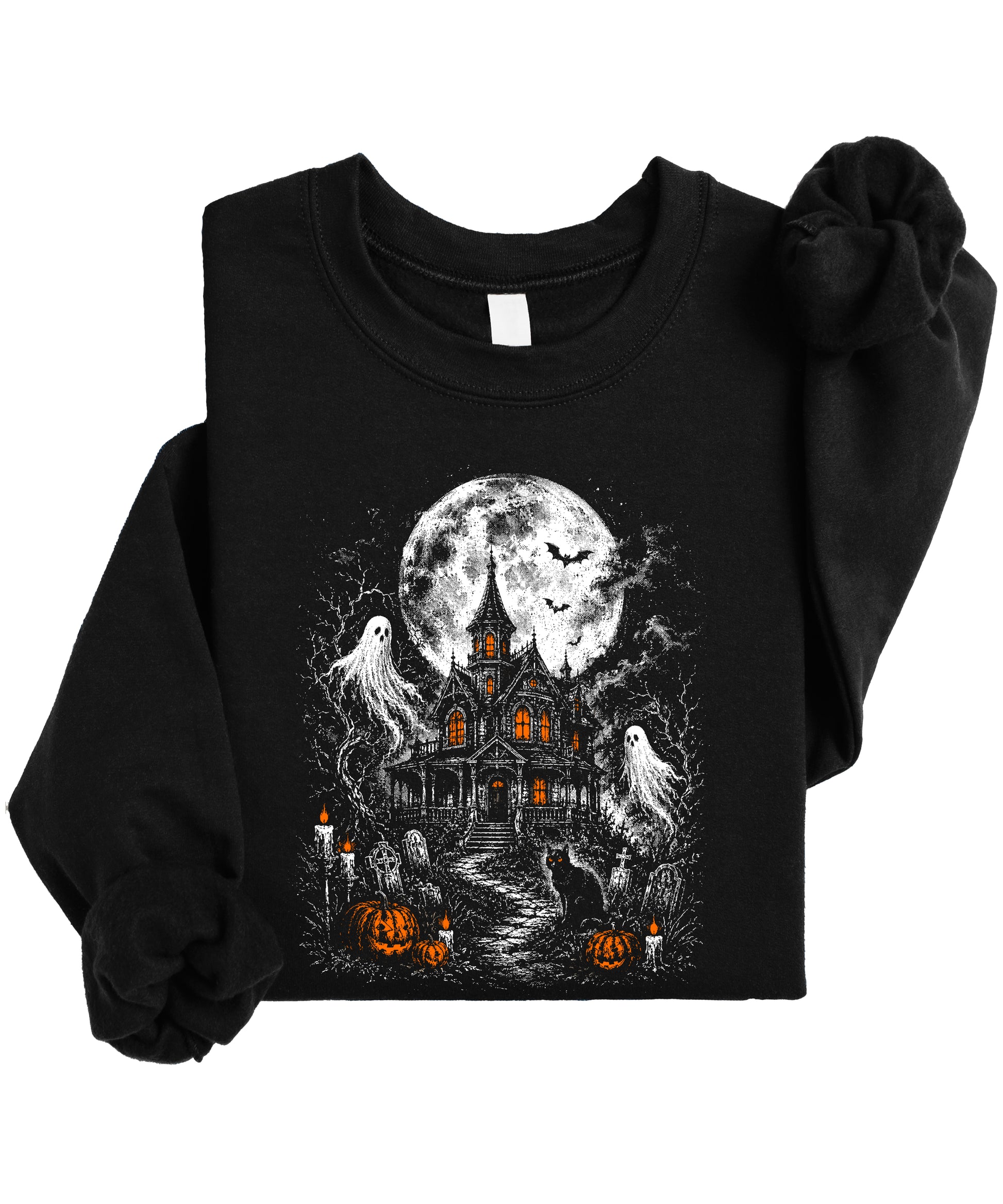 Black Halloween sweatshirt with bats and full moon graveyard graphic, lifestyle shot