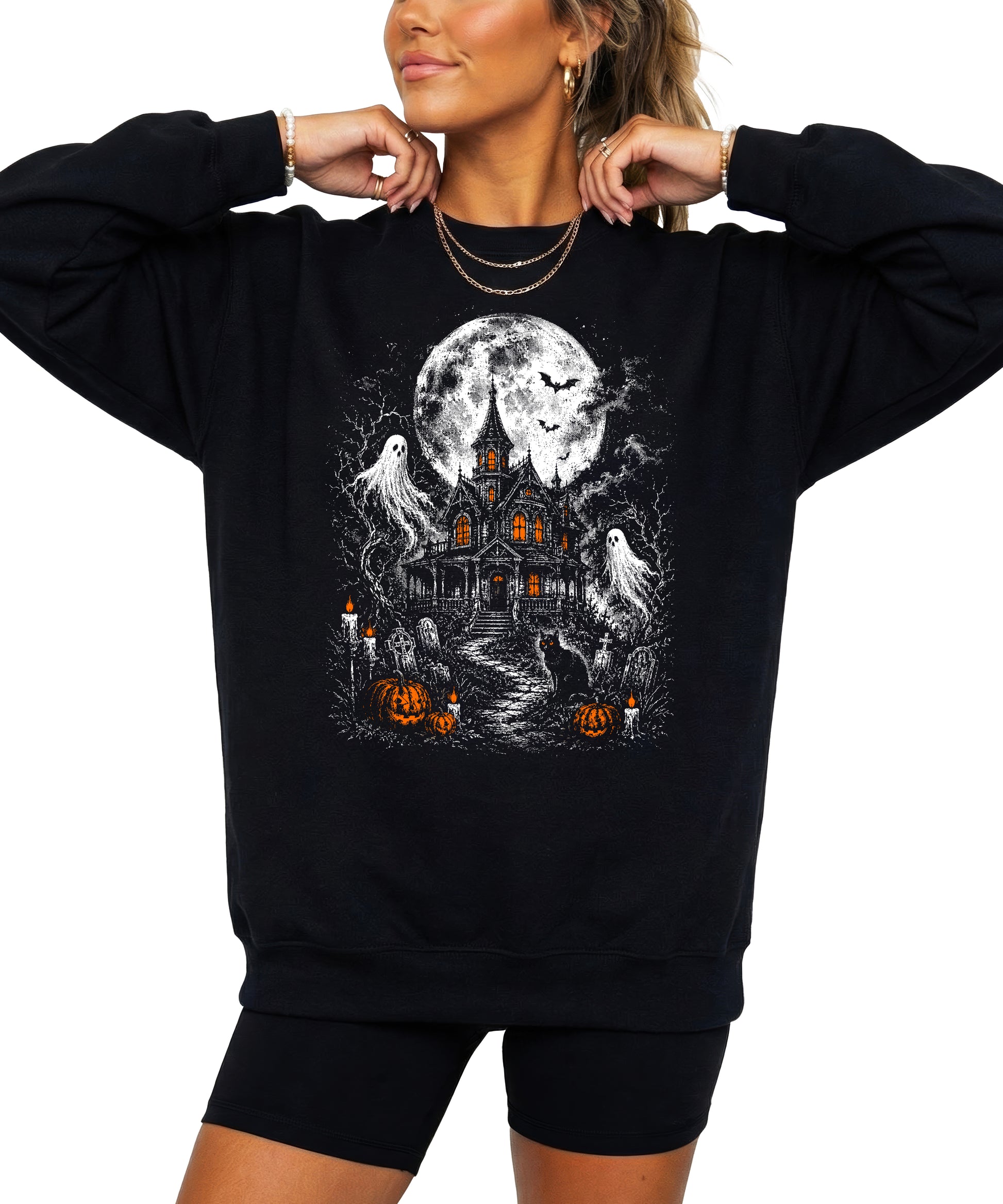 Haunted House Halloween crewneck sweatshirt, relaxed fit detail