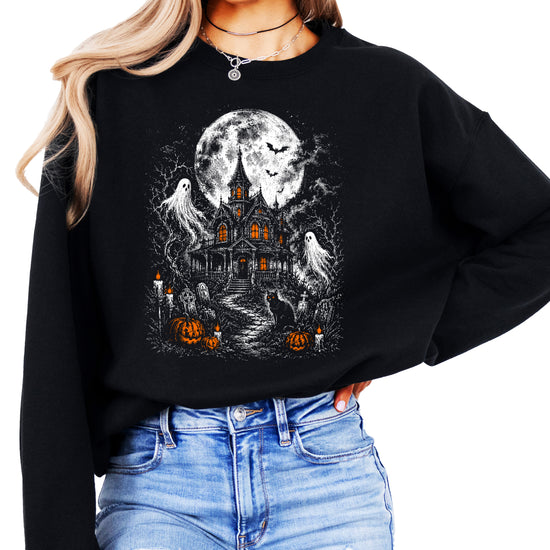 Black spooky season sweatshirt with ribbed cuffs and hem detail