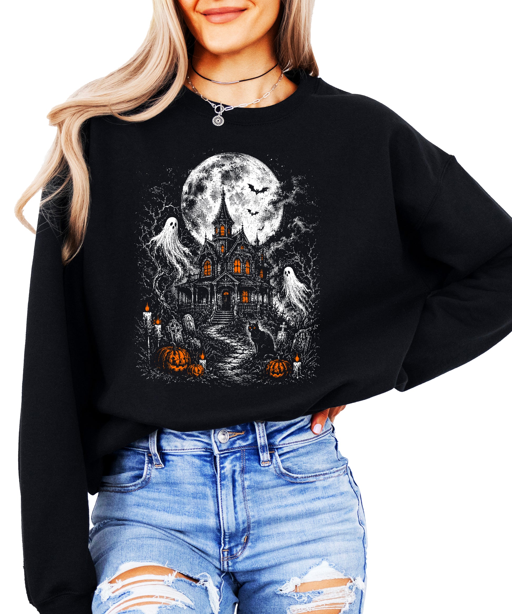 Black spooky season sweatshirt with ribbed cuffs and hem detail