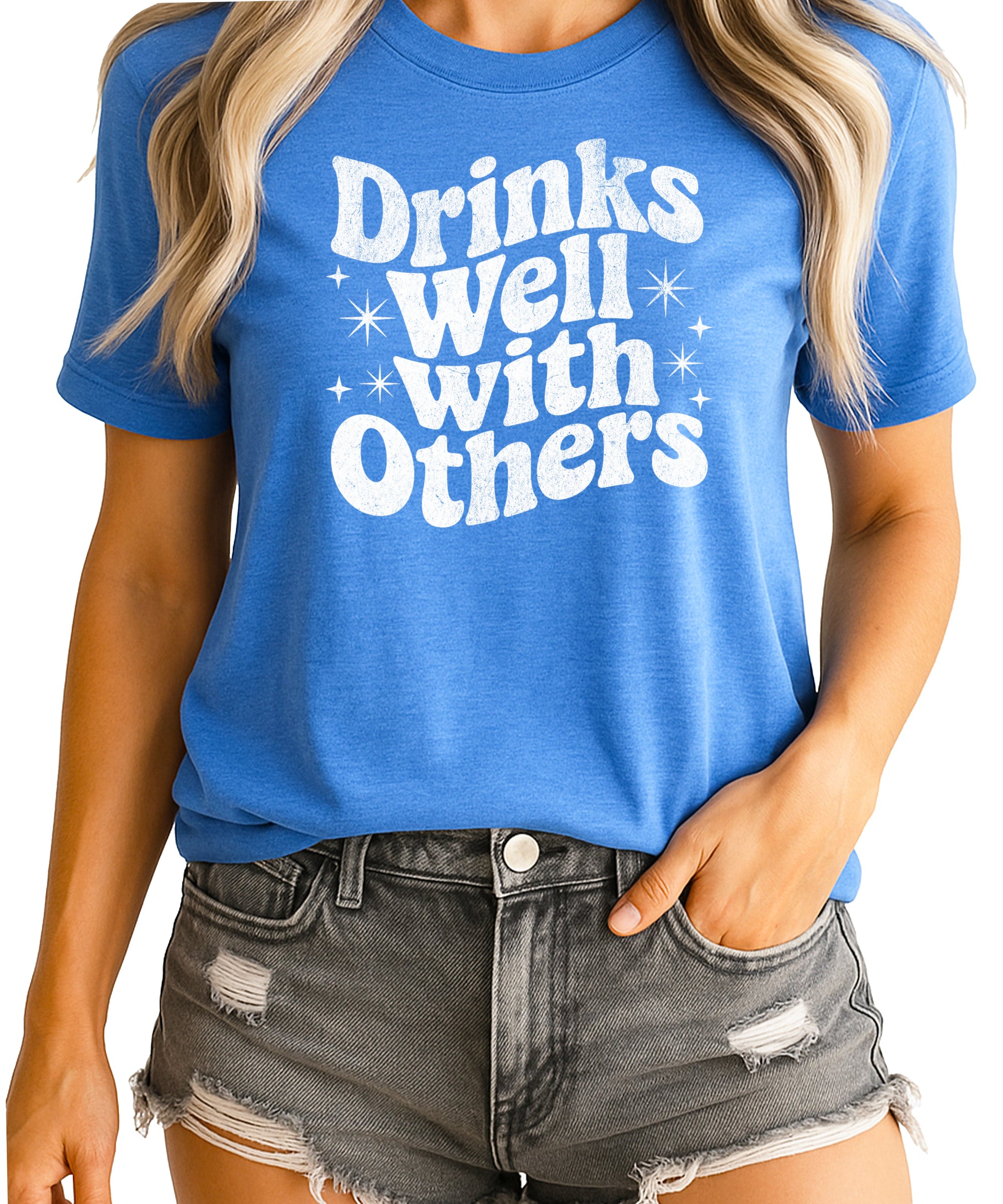 Drinks Well With Others funny graphic tee for women in Heather Blue, front view