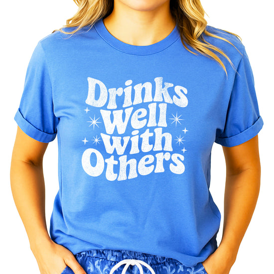 Drinks Well With Others funny graphic tee for women in Heather Blue, back view