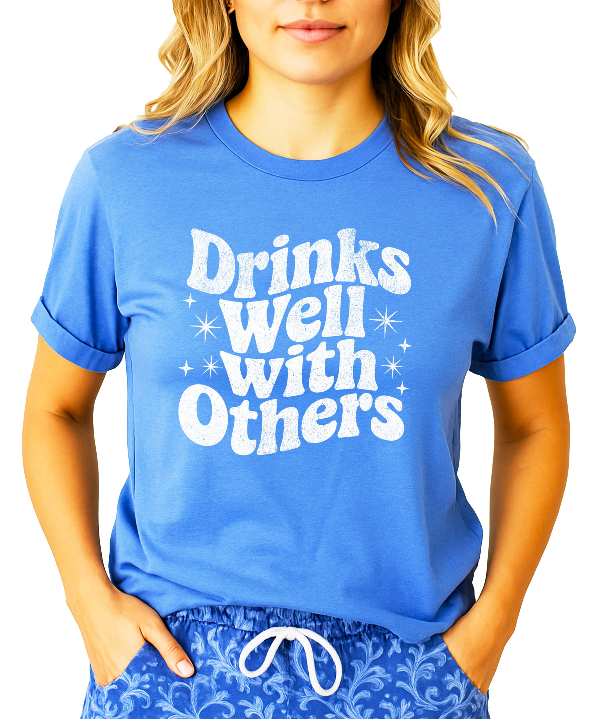 Drinks Well With Others funny graphic tee for women in Heather Blue, back view