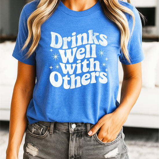 Drinks Well With Others funny graphic tee for women in Heather Blue, detail view