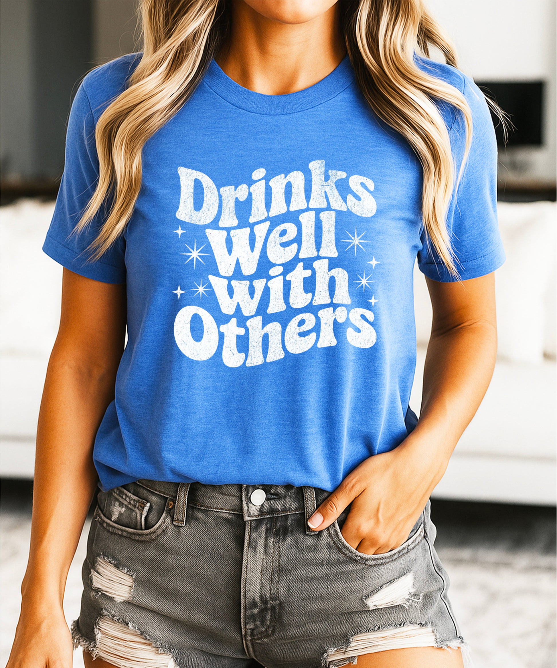 Drinks Well With Others funny graphic tee for women in Heather Blue, detail view