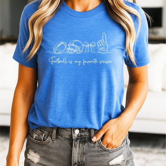 Football is My Favorite Season coquette bow game day tee, Heather Blue Shirt, view 5