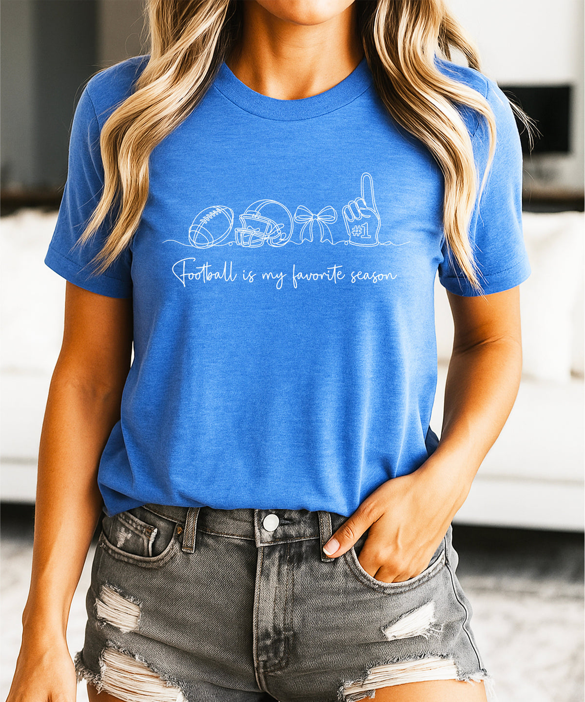 Football is My Favorite Season coquette bow game day tee, Heather Blue Shirt, view 5