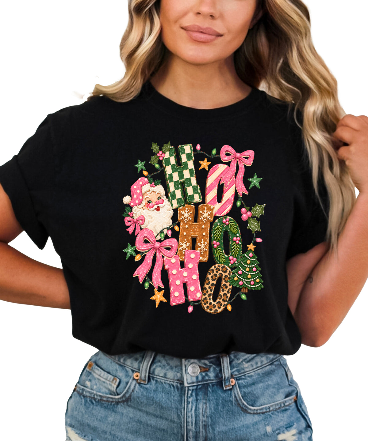 Ho Ho Ho retro Santa Christmas womens black t-shirt