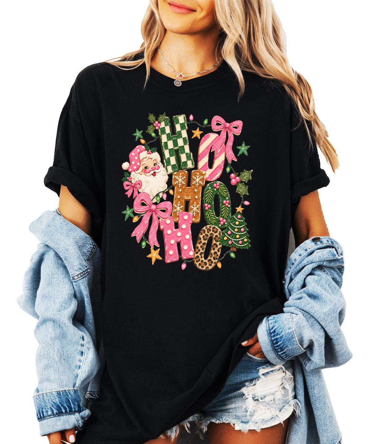 Ho Ho Ho retro Santa Christmas womens black t-shirt
