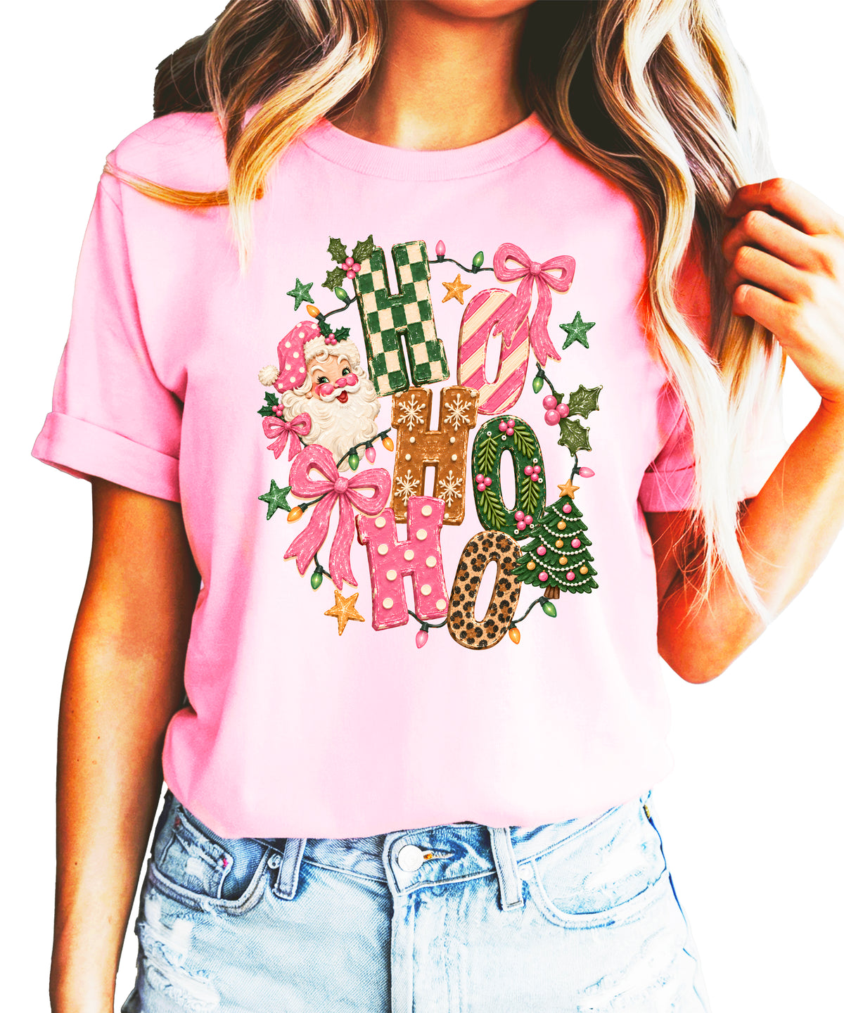 Ho Ho Ho retro Santa Christmas womens pink t-shirt