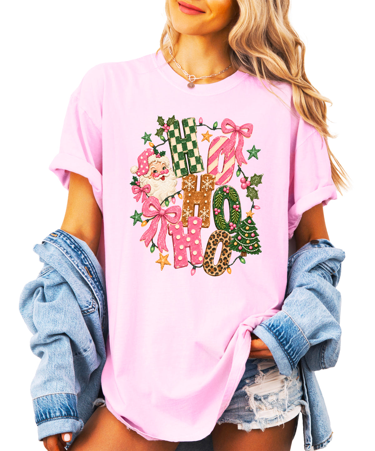Ho Ho Ho retro Santa Christmas womens pink t-shirt