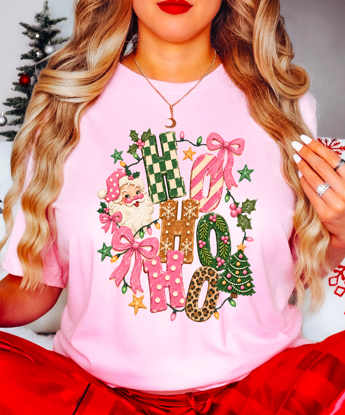 Ho Ho Ho retro Santa Christmas womens pink t-shirt