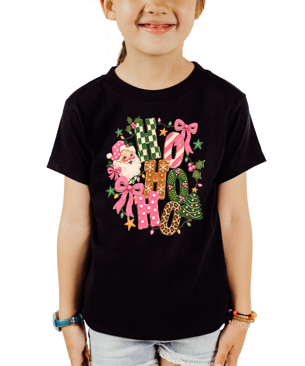 Ho Ho Ho retro Santa Christmas kids girls black t-shirt