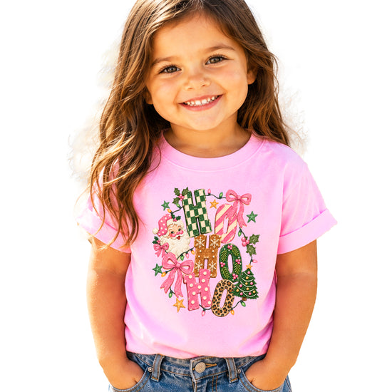Ho Ho Ho retro Santa Christmas kids girls pink t-shirt