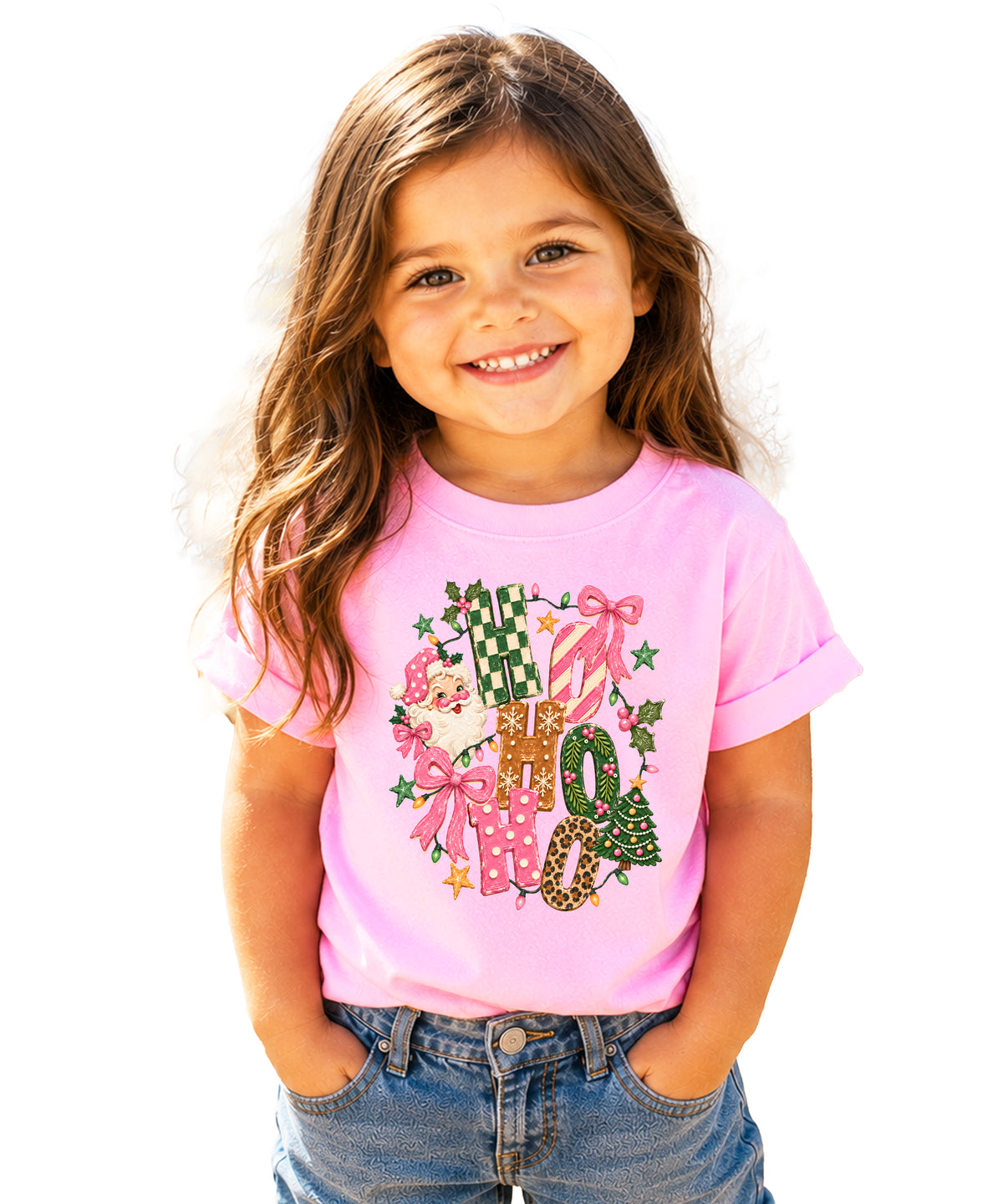 Ho Ho Ho retro Santa Christmas kids girls pink t-shirt