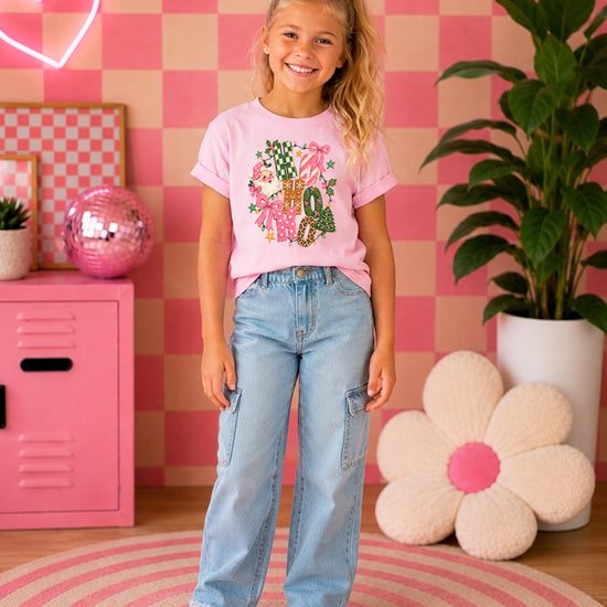 Ho Ho Ho retro Santa Christmas kids girls pink t-shirt