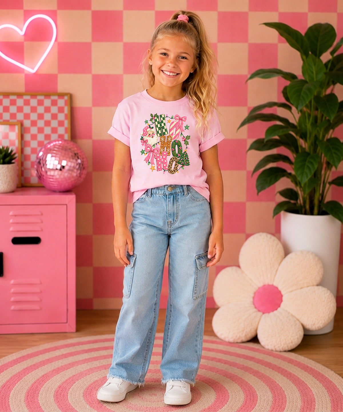 Ho Ho Ho retro Santa Christmas kids girls pink t-shirt