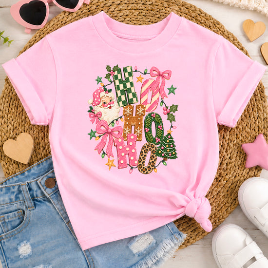 Ho Ho Ho retro Santa Christmas kids girls pink t-shirt