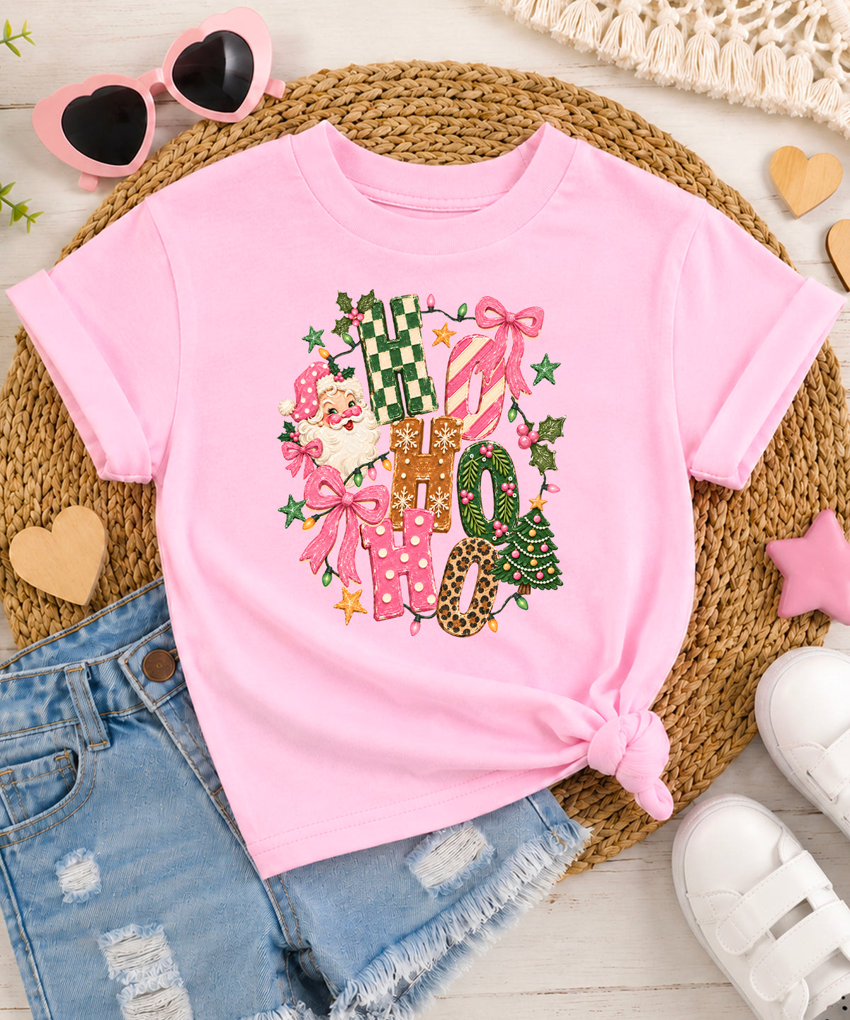 Ho Ho Ho retro Santa Christmas kids girls pink t-shirt