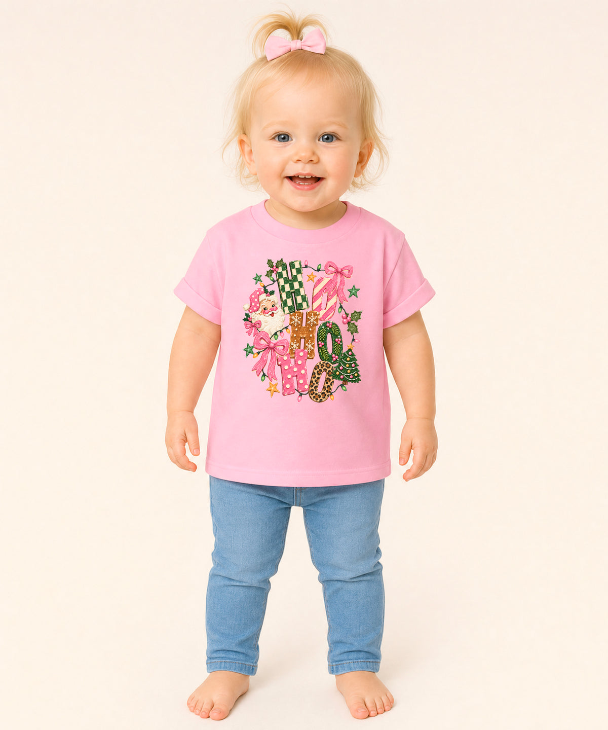Ho Ho Ho retro Santa Christmas kids girls pink t-shirt