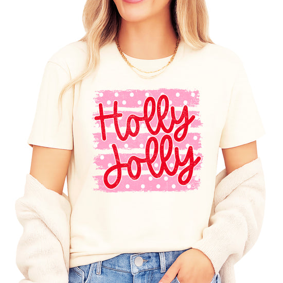 Holly Jolly Christmas pink polka dot tee, Natural womens shirt, photo 1