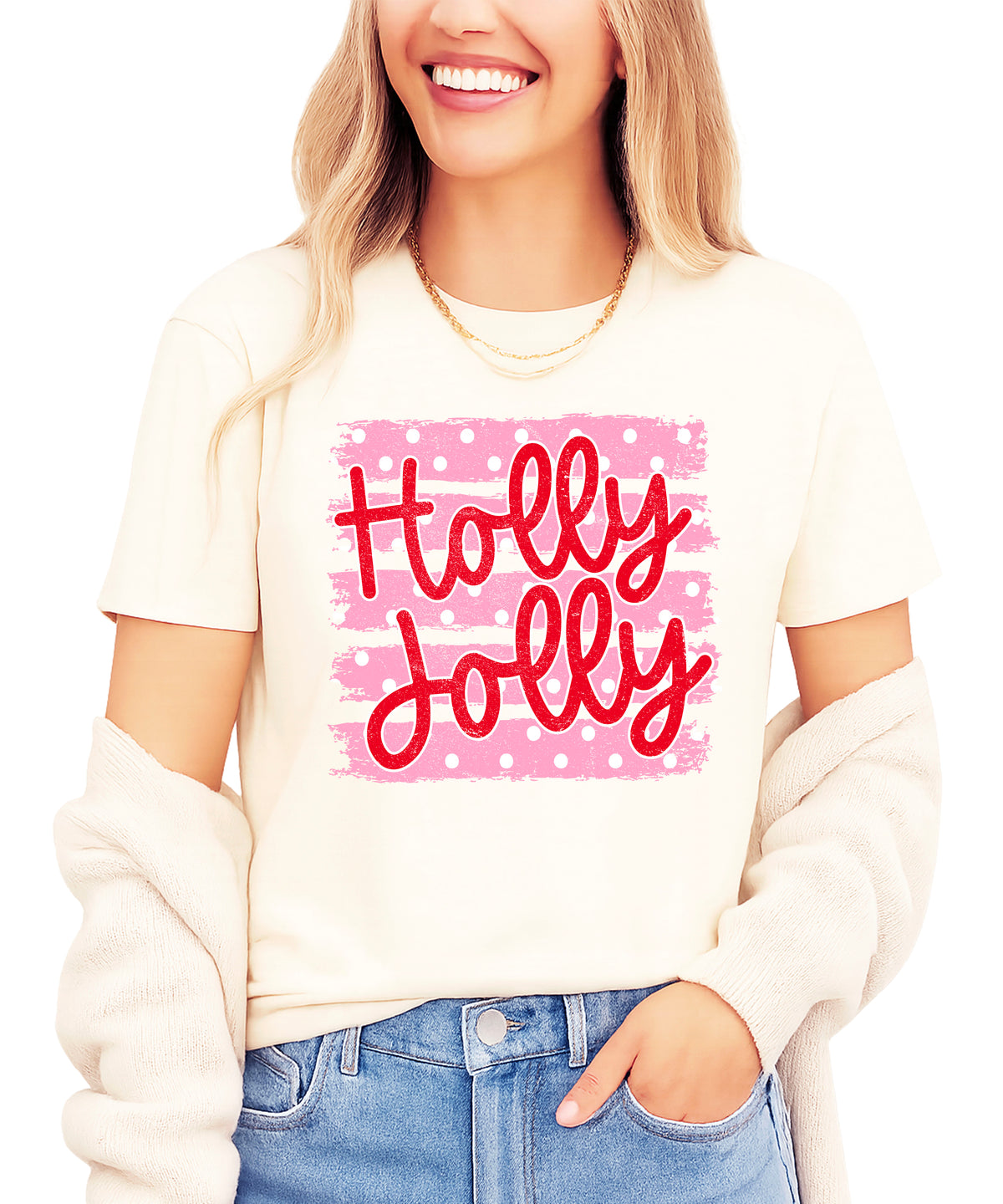Holly Jolly Christmas pink polka dot tee, Natural womens shirt, photo 1