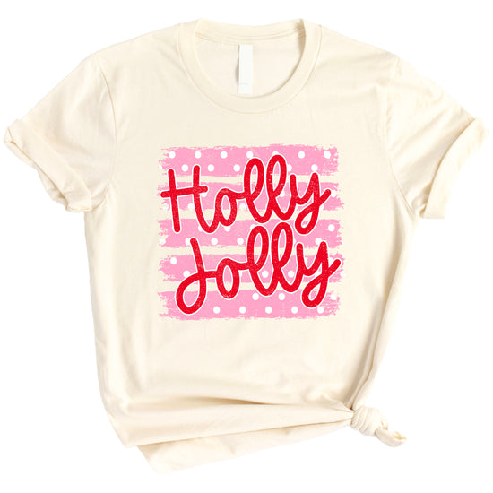 Holly Jolly Christmas pink polka dot tee, Natural womens shirt, photo 2