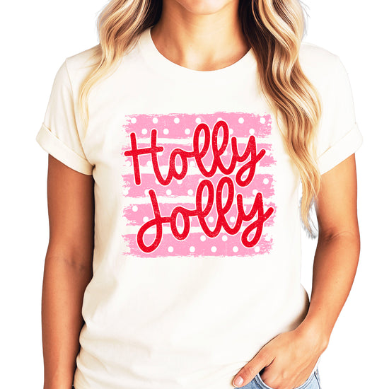 Holly Jolly Christmas pink polka dot tee, Natural womens shirt, photo 4