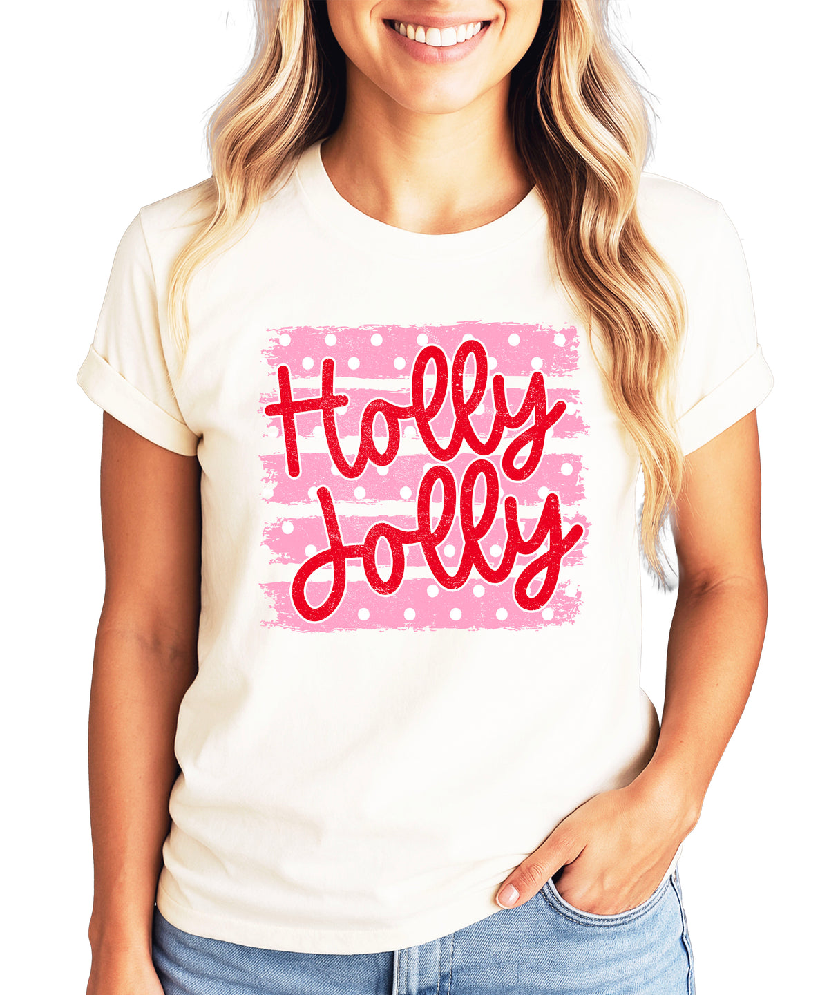 Holly Jolly Christmas pink polka dot tee, Natural womens shirt, photo 4