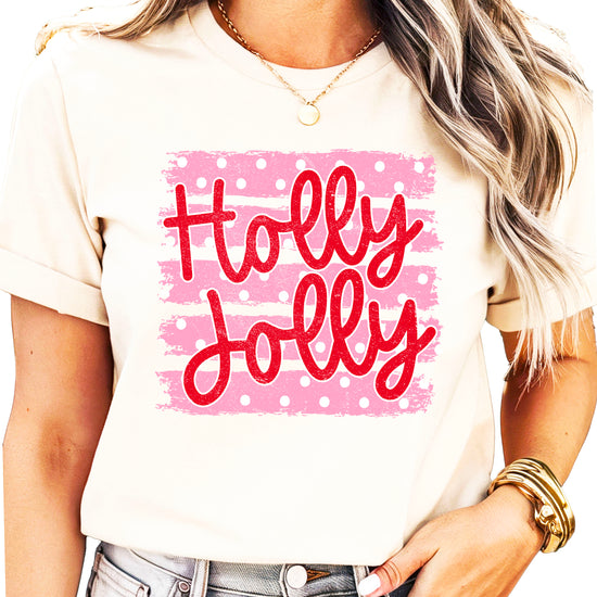 Holly Jolly Christmas pink polka dot tee, Natural womens shirt, photo 5