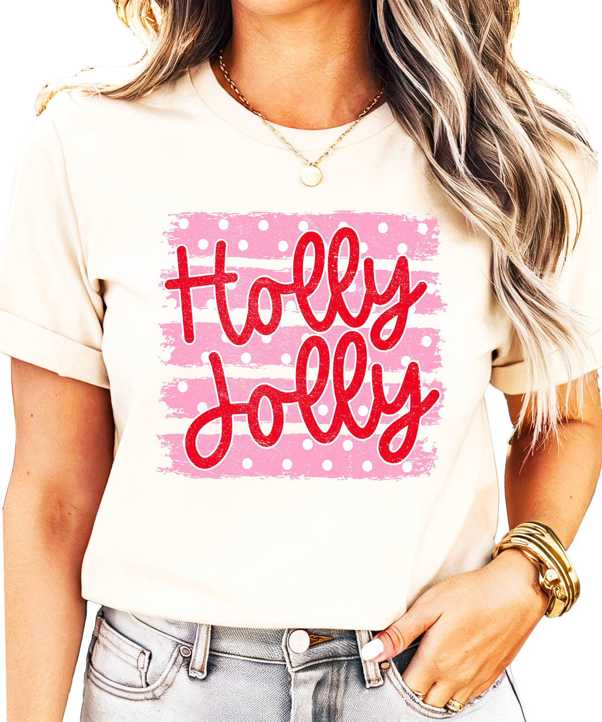 Holly Jolly Christmas pink polka dot tee, Natural womens shirt, photo 5