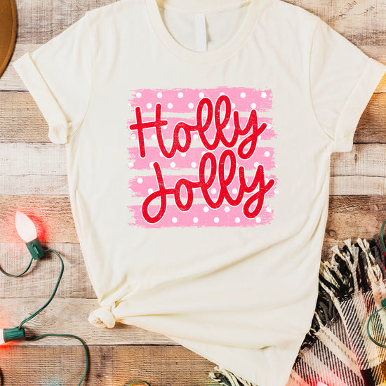 Holly Jolly Christmas pink polka dot tee, Natural womens shirt, photo 6