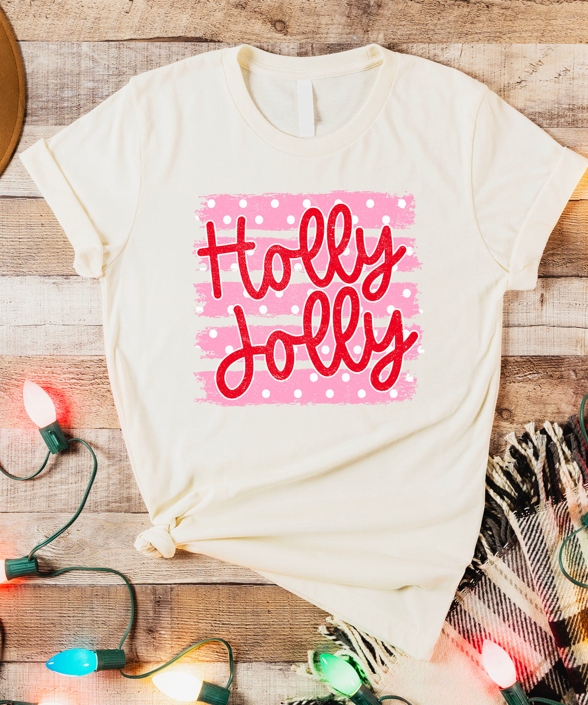 Holly Jolly Christmas pink polka dot tee, Natural womens shirt, photo 6