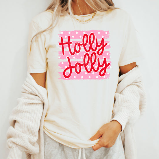 Holly Jolly Christmas pink polka dot tee, Natural womens shirt, photo 7