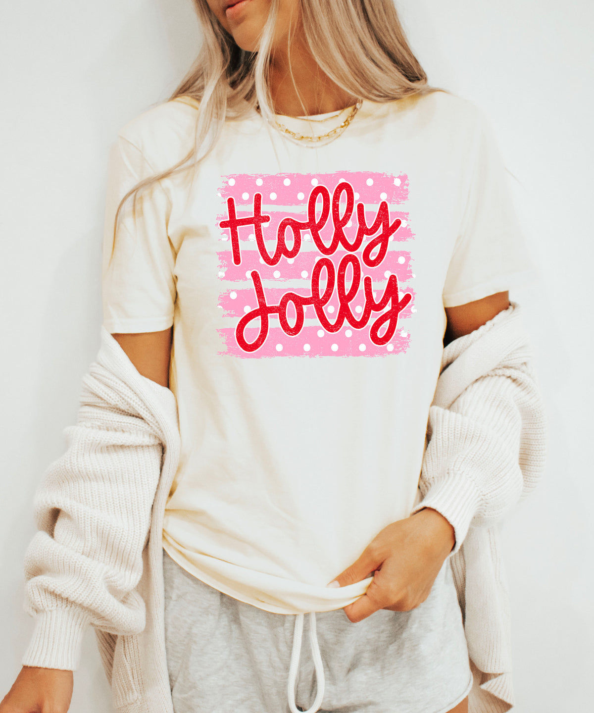 Holly Jolly Christmas pink polka dot tee, Natural womens shirt, photo 7