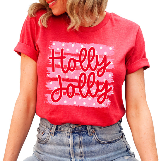 Holly Jolly Christmas pink polka dot tee, Vintage Red womens shirt, photo 1