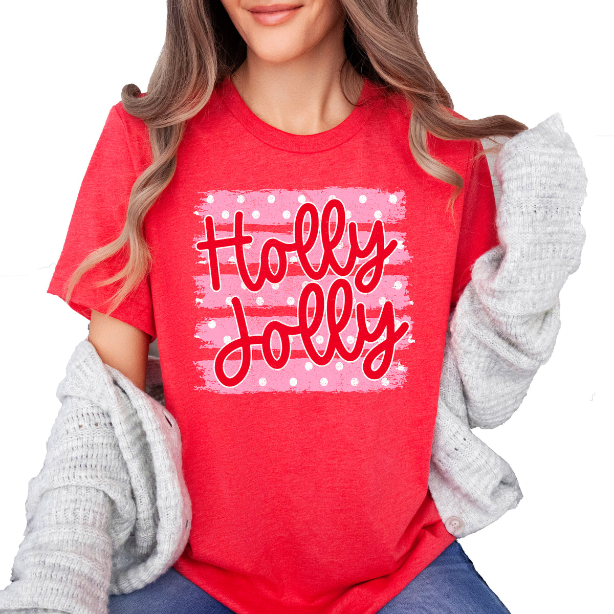 Holly Jolly Christmas pink polka dot tee, Vintage Red womens shirt, photo 4
